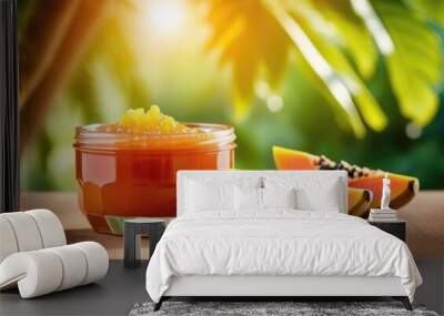 tropical papaya fruit, a jar of papaya jam on a wooden table, green plants on the background, exotic garden, sunny day Wall mural