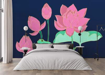 Lotus flowers and leaves composition. Jade frog is sitting on a lotus leaf. Richness and purity symbol. Beautiful artwork for interior design, wallparer, banner, background. Vector illustration. EPS10 Wall mural