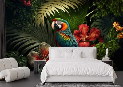 Macaw parrot in the jungle, Generative AI Wall mural