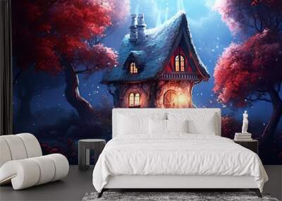 Magical fantasy fairy tale house in a magical forest. Generative AI. Wall mural