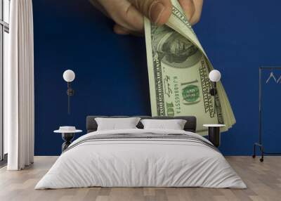 Man's hands holding dollars on dark blue background Wall mural