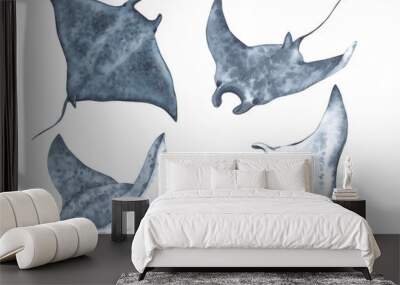 Manta ray, sea devil, sea and ocean inhabitants. Set of hand-drawn watercolor illustrations. Wall mural