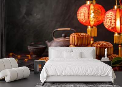 Moon cake for Mid autumn festival, Retro vintage style of Vietnamese traditional food and dessert. black flashlight Wall mural