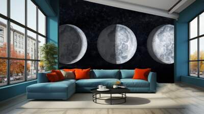 Moon phases on sky dark background. Galaxy Hand drawn watercolor illustration of cycle from new to full moon. Wall mural