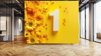 number 1 and white flowers on a yellow background. birthday invitation card. spring and holiday. Wall mural