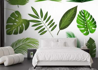 Exotic tropical leaves. Monstera plant leaf, banana plants and green tropics palm leaves. Jungle palms forest flora nature tropic leaves isolated vector illustration icons set Wall mural