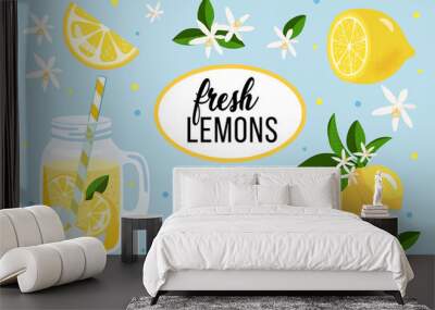 Lemon set. Fruits, lemons, lemon slices, flowers, leaves, lemonade in a jug. Blue background. Vector illustration Wall mural