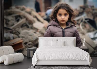 Orphaned children. poor child in a destroyed and abandoned building. girl in dirty clothes after an earthquake or war. Wall mural