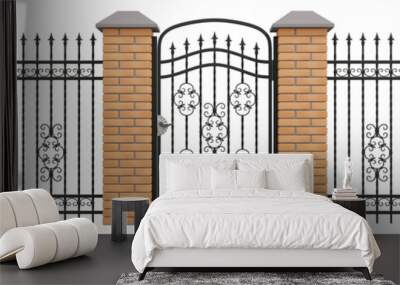 Elements of forded fence with brick supports and a gate. Wrought iron fence. 3D render. PNG file. Wall mural