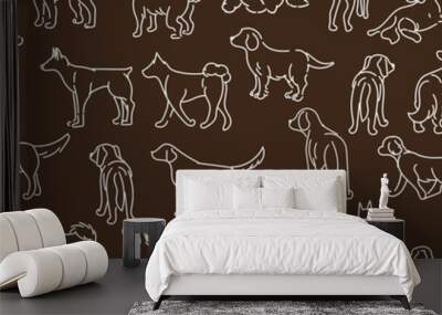 Pattern black Drawing with dogs in different poses. Line graphics on a dark background. Light lines on dark. Suitable for printing on paper and textiles. Gift wrapping, clothing. Wall mural