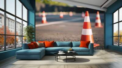 photo of traffic cones on asphalt in a parking lot, with the focus on the cone in front, taken outdoors during the day Wall mural