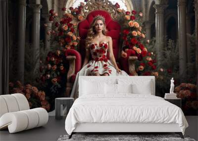 A person in a floral dress sits on an ornate throne, surrounded by flowers. The scene is elegant, highlighting the vibrant flowers and intricate details of the dress and chair. Wall mural