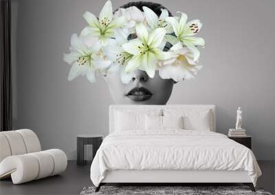 Abstract art collage of young woman with flowers Wall mural