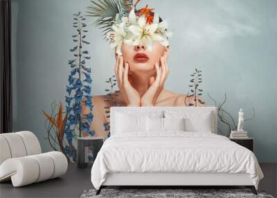 Abstract art collage of young woman with flowers Wall mural