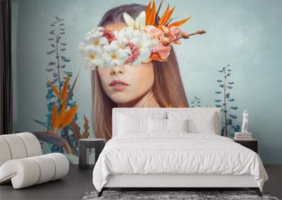 Abstract art collage of young woman with flowers Wall mural