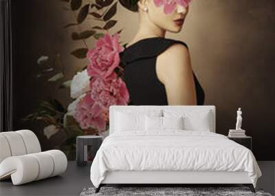 Abstract art collage of young woman with flowers Wall mural