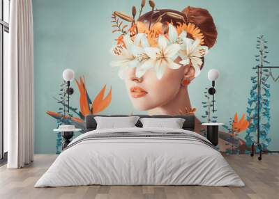 Abstract art collage of young woman with flowers Wall mural