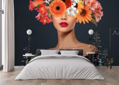 Abstract art collage of young woman with flowers Wall mural