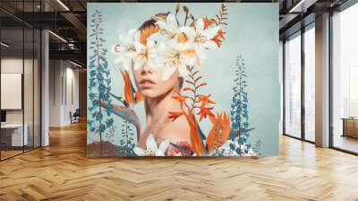 Abstract art collage of young woman with flowers Wall mural