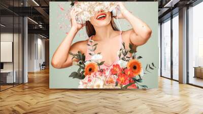 Abstract art collage of young woman with flowers Wall mural