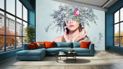 Abstract art collage of young woman with flowers Wall mural