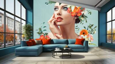 abstract art collage of young woman with flowers Wall mural