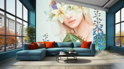 abstract art collage of young woman with flowers Wall mural