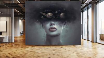 Fantasy art portrait of young woman with head in galaxy outer space cloud Wall mural