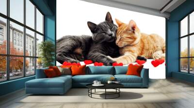 Two cats and red hearts isolated on a transparent background. Wall mural