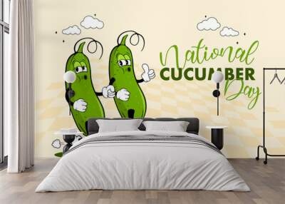 happy cucumber day vector illustration design, illustration design of a national day cucumber, funny cucumber character in retro rubber hose style, national cucumber day, cartoon character cucumber Wall mural