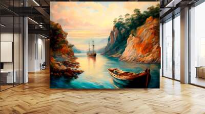 Sailboat and dinghy in the bay in the style of ancient oil painting, nautica, seascape. Wall mural