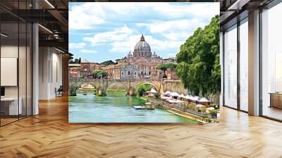 Saint Peter Basilica and Sant'Angelo Bridge, over Tiber river. Rome, Italy. Drawing. Wall mural