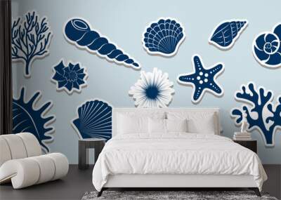 Sea shells silhouette sticker pack. Hand drawn blue seashell collection. Ocean sea life conch coral starfish. Marine underwater abstract animal. Summer Vector set for scrapbook Wall mural