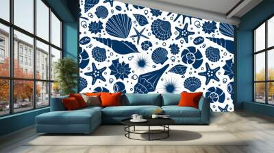 Seashells blue silhouette seamless pattern. Summer sea background. Hand drawn Shells, starfish, bubbles Wall mural