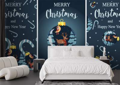 Set Christmas card cartoon design with beautiful Christmas ball in blue color. Collection template Xmas poster with reindeer. Xmas Card, poster, banner cover. Vector illustration. Wall mural