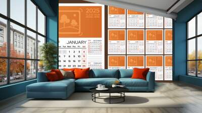 Set of 12 vertical calendar pages for 2025 with place for photo. Vector design template. Week starts on Sunday. Wall mural