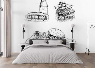 set of food illustrations black and white graphics burger sandwich beer  Wall mural