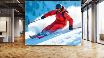 Skier in bright orange outfit carving down the snowy slope in a winter mountain landscape
 Wall mural