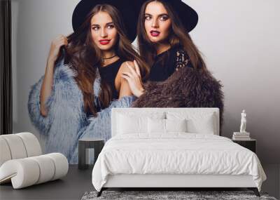  Close up portrait of two  beautiful friends young  women  in autumn / winter clothes wearing   posing on  gray background. Wearing stylish fluffy coat , black jean and black  casual hat. Wall mural