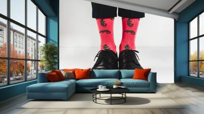 Stylish, vintage shoes, bright, funny socks with a pattern and men's legs on a white background. Style, fashion, beauty, mood Wall mural