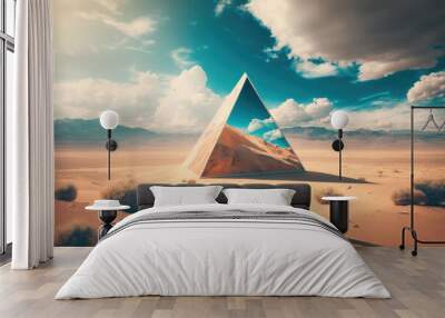 Surreal desert landscape with mirror triangle, blue sky. minimal abstract background. ai generative Wall mural