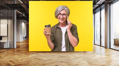 Talking on the phone mature grey haired woman drinking coffee in paper disposable cup. Senior woman laughing holding smartphone at her ear having conversation enjoying her coffee from paper cup. Wall mural