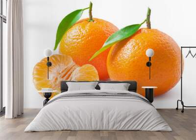 Tangerines or clementines with green leaf on white background. Half of a peeled tangerine Wall mural