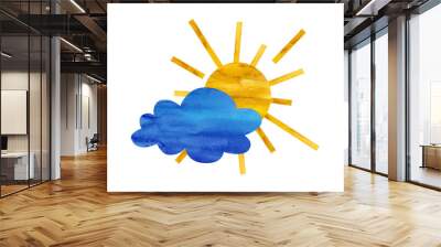 The sun peeks out from behind the clouds. Bright watercolor collage on white background. Wall mural