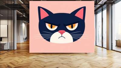 This adorable kitten features a cute yet angry expression, showcasing big eyes and a sad face. The black silhouette design with pink details adds a whimsical touch to its character. Wall mural