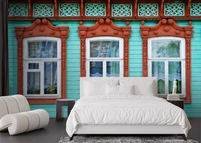 three windows with carved wooden cases Wall mural