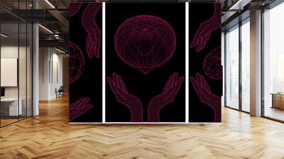 Trendy 3D Wireframe Shapes in modern Magical Grunge style. Set web Posters with Geometrical Shapes and hands on black background. Artistic Y2K vecvtor for social media banner. EPS 10 Editable stroke Wall mural