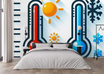 two stylized icons: one symbolizes hot weather with a thermometer and sun, and the other symbolizes cold weather with a thermometer and snowflake. created by AI Wall mural