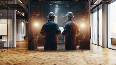 view from the back. a two men in a protective safety uniform and hardhat works in a factory with a tablet in his hands. ai generative Wall mural