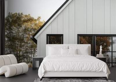 white minimalist house with gable roof, two small windows on the side of it and one big window in front Wall mural